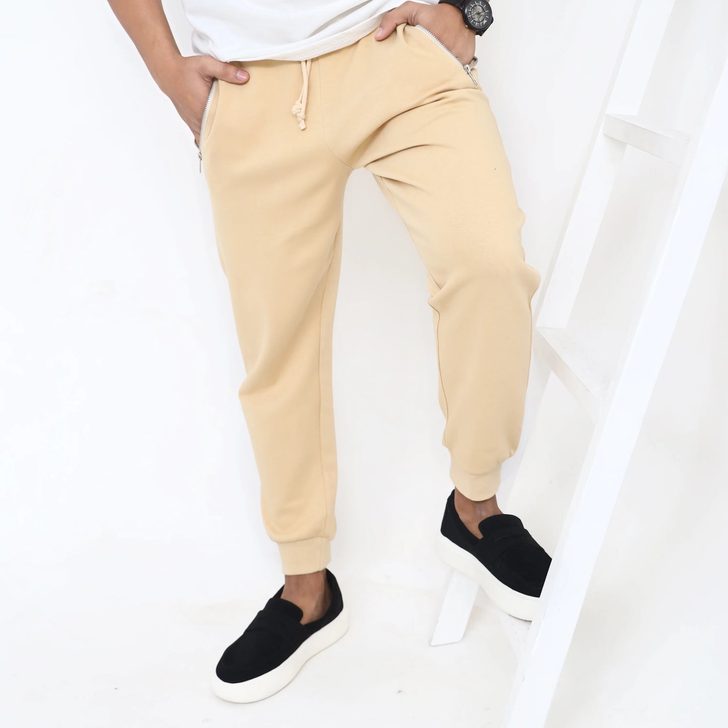 Cream Slim Fit Zip Pocket Trousers