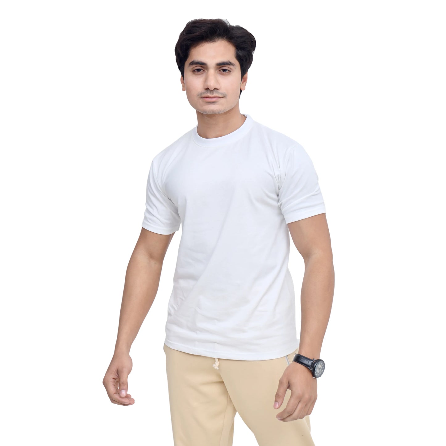 White Plain Round Neck Cotton Half Sleeves T-Shirt