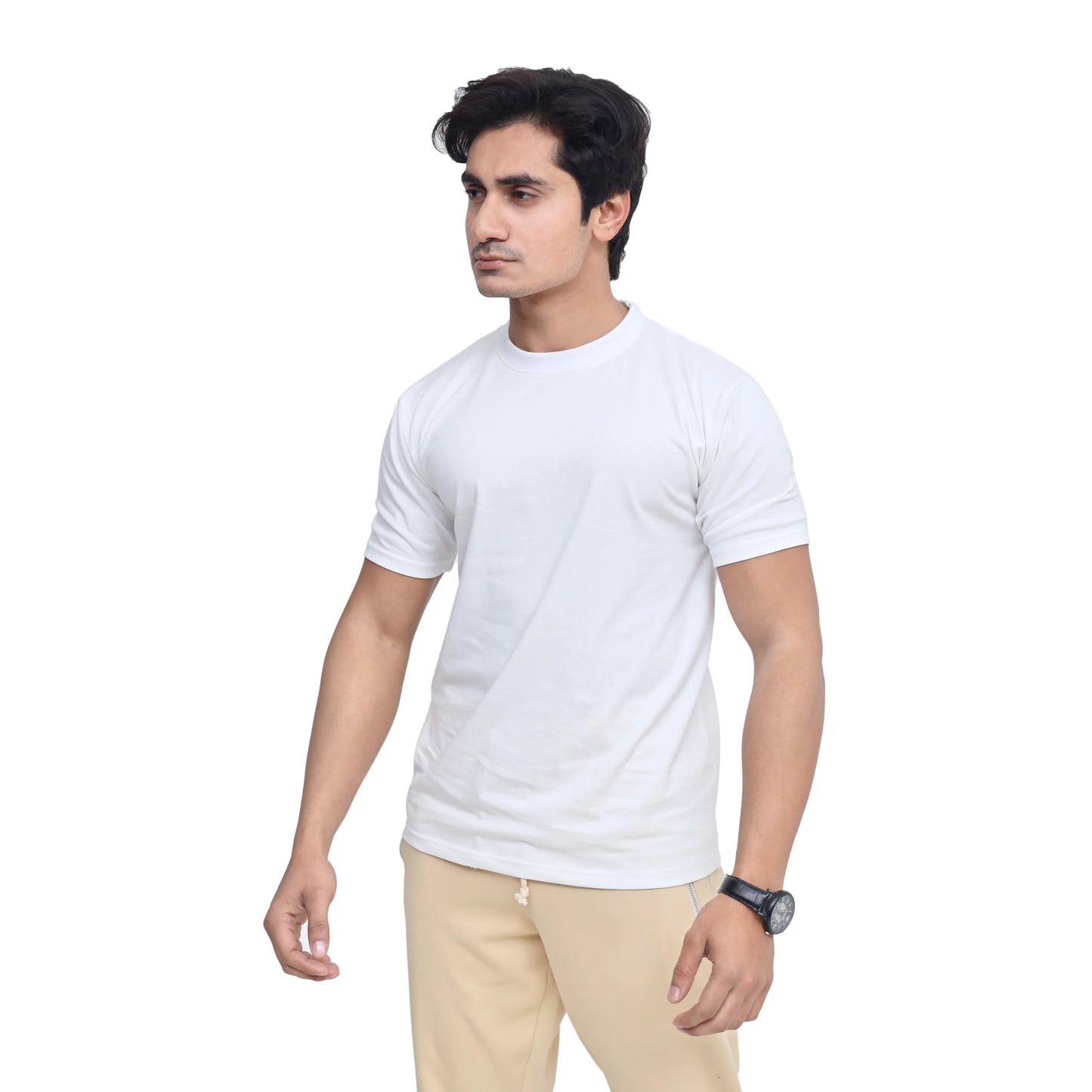 White Plain Round Neck Cotton Half Sleeves T-Shirt