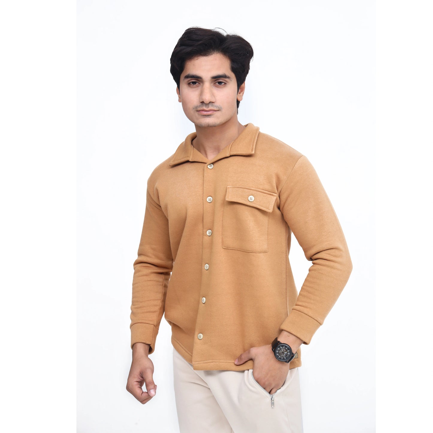 Men's Fleece Button-Up Shirt Jacket - Desert Sand