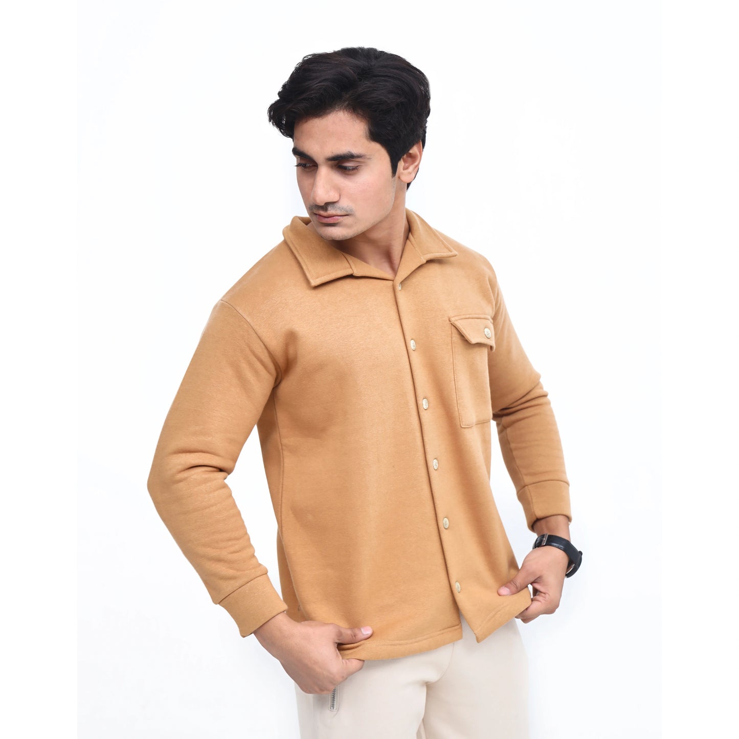 Men's Fleece Button-Up Shirt Jacket - Desert Sand