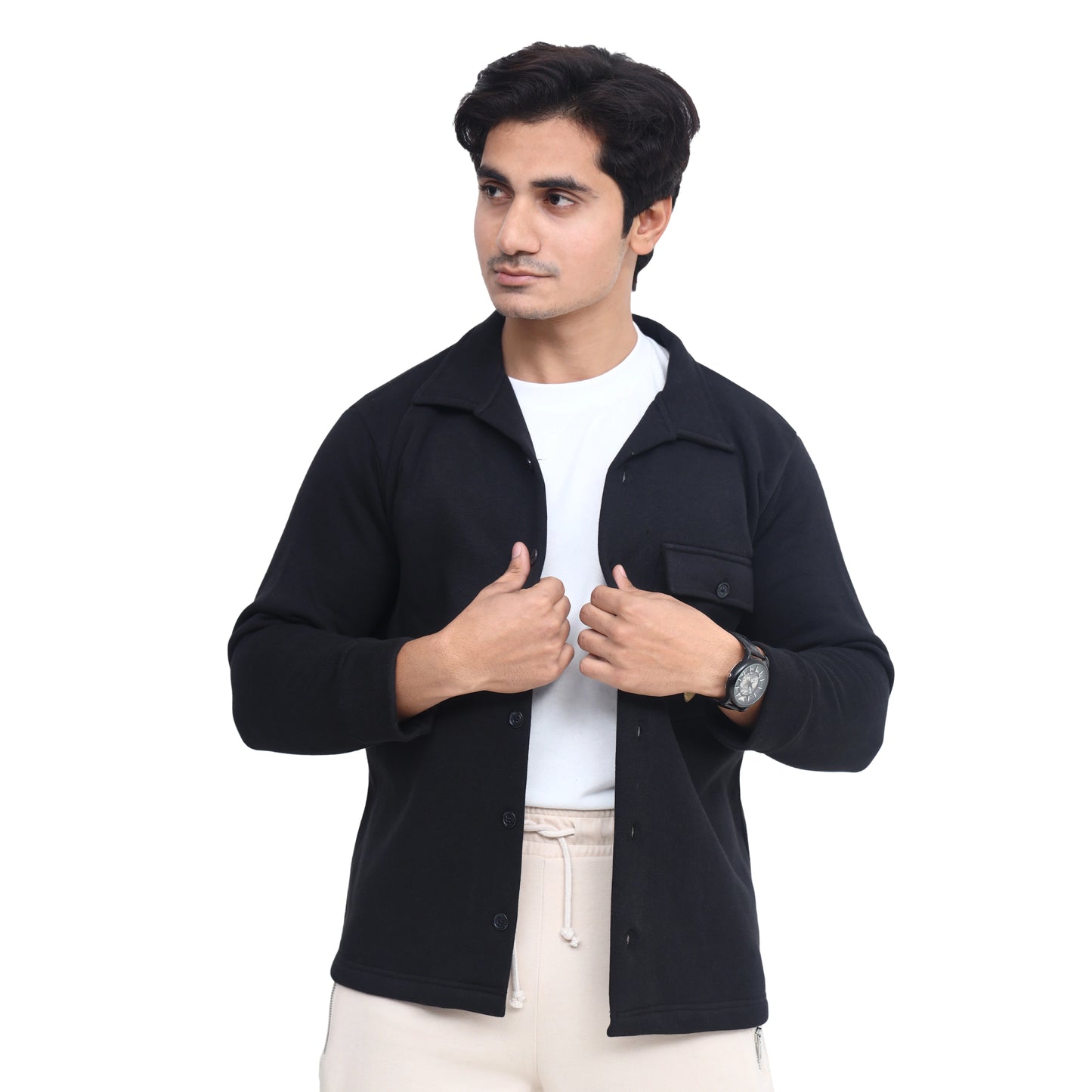 Men's Fleece Button-Up Shirt Jacket - Charcoal Grey