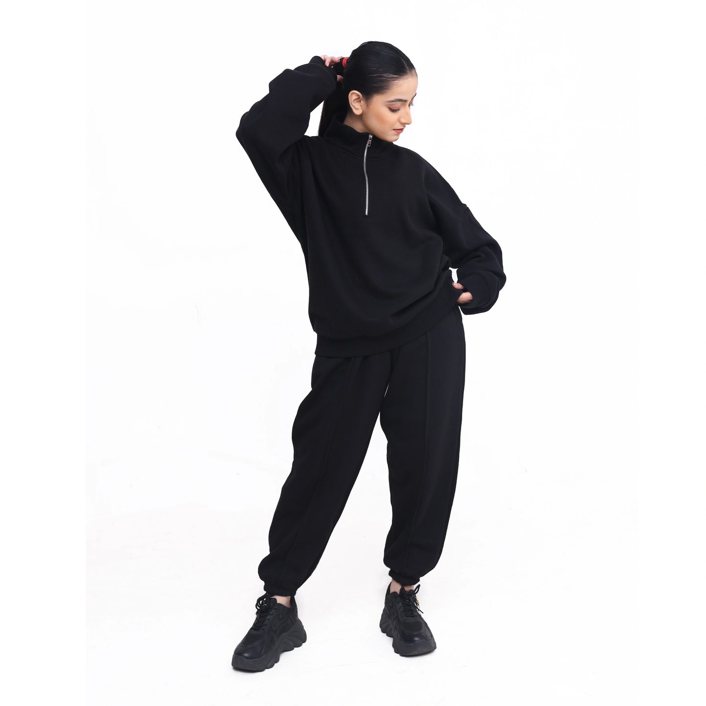 Oversized Zip-Up Sweatshirt and Trouser Set - Black