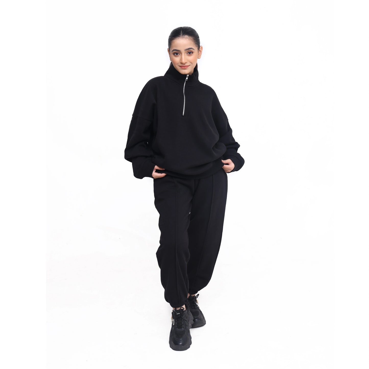 Oversized Zip-Up Sweatshirt and Trouser Set - Black
