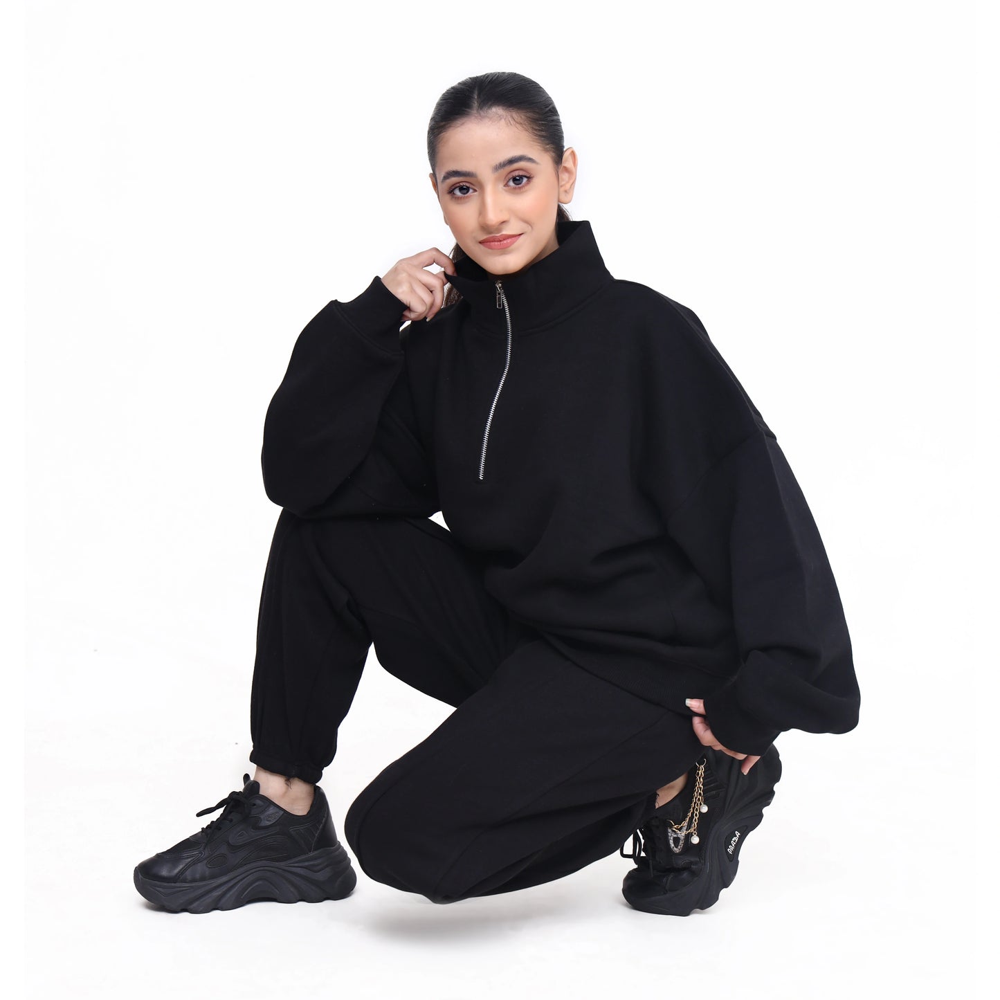 Oversized Zip-Up Sweatshirt and Trouser Set - Black