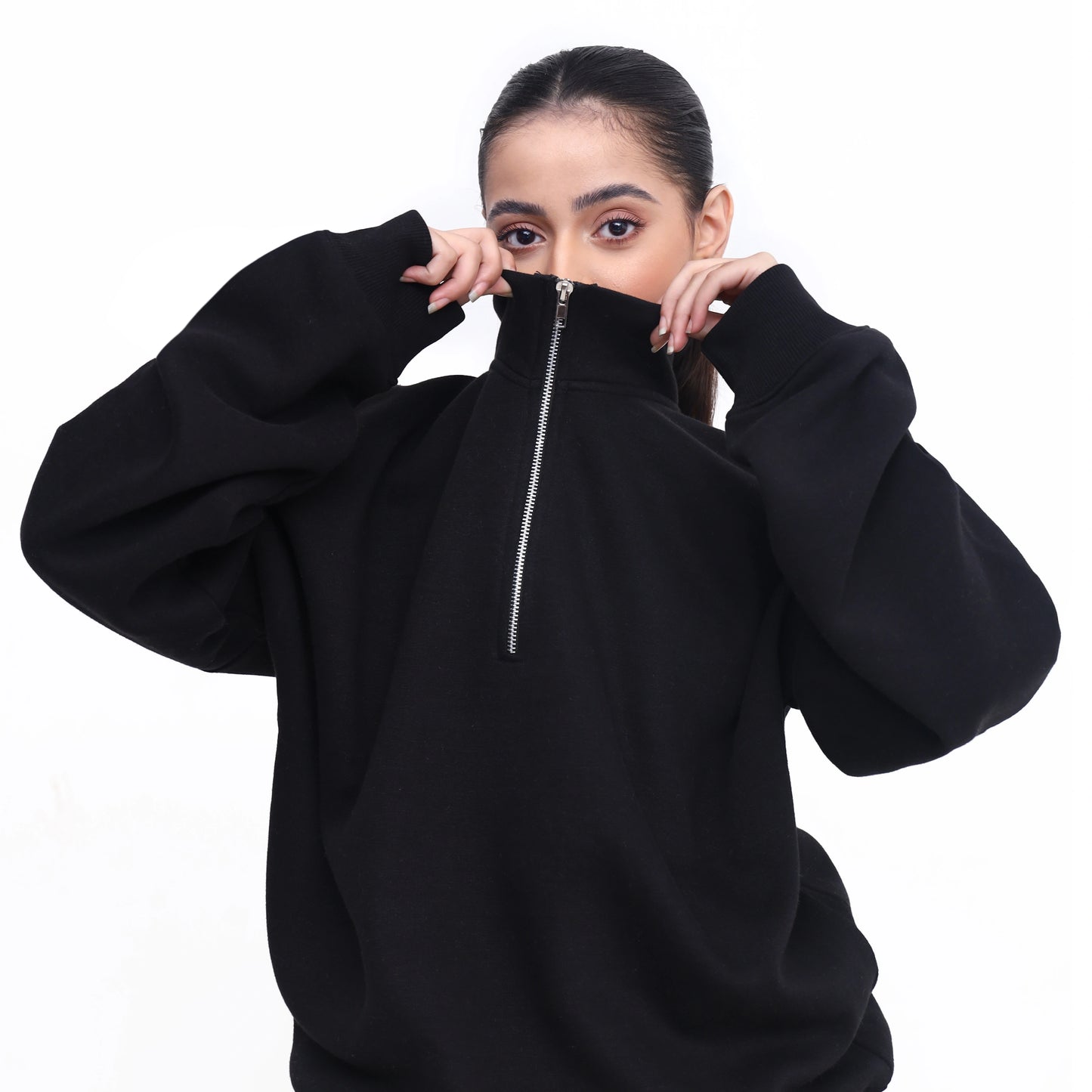 Oversized Zip-Up Sweatshirt and Trouser Set - Black