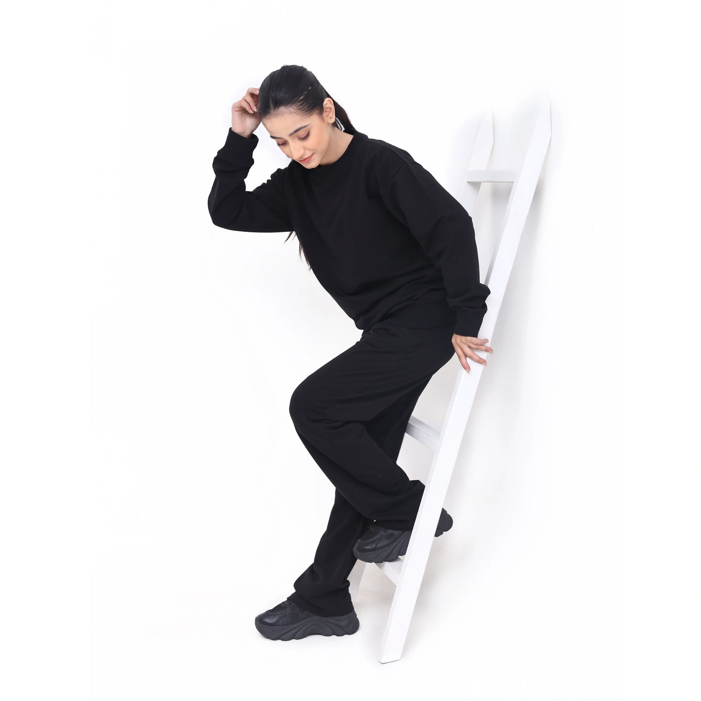 Drop Shoulder Sweatshirt and Flared Trouser Set - Black