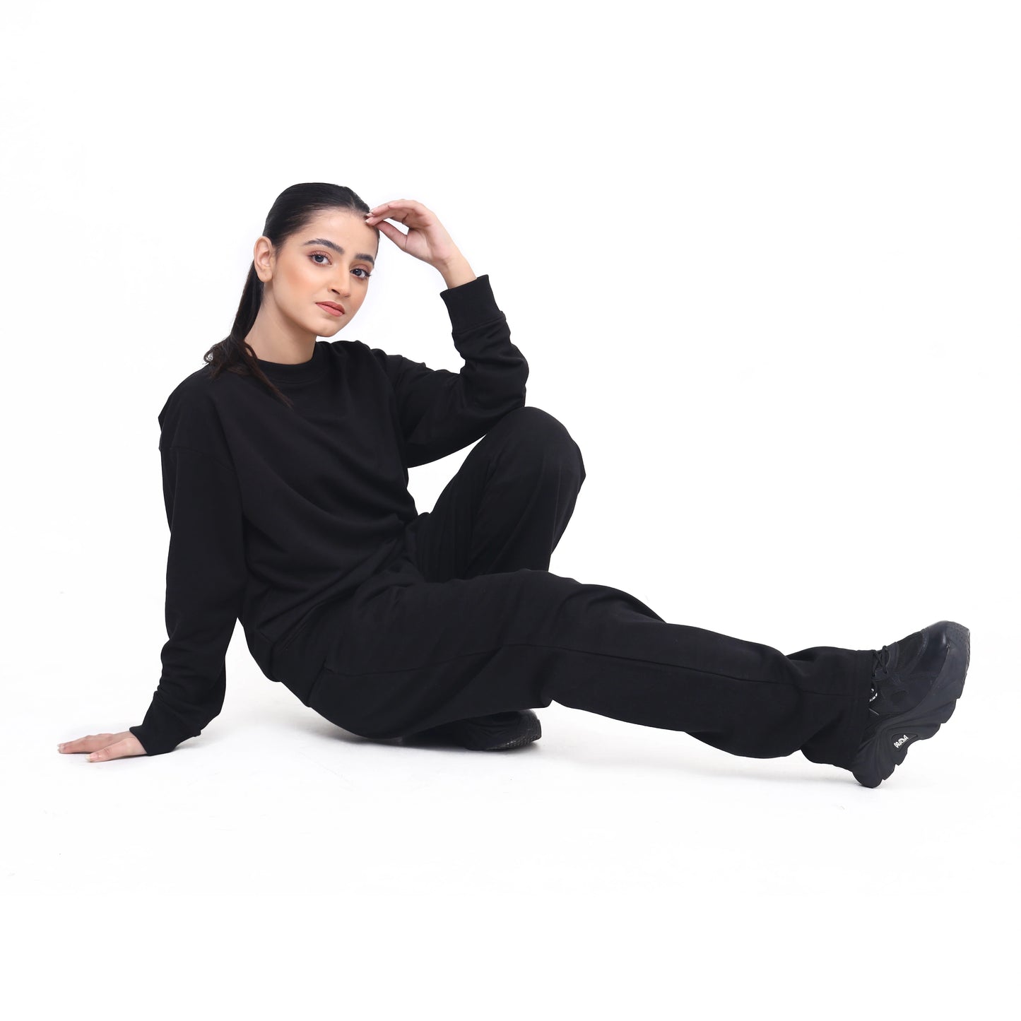Drop Shoulder Sweatshirt and Flared Trouser Set - Black