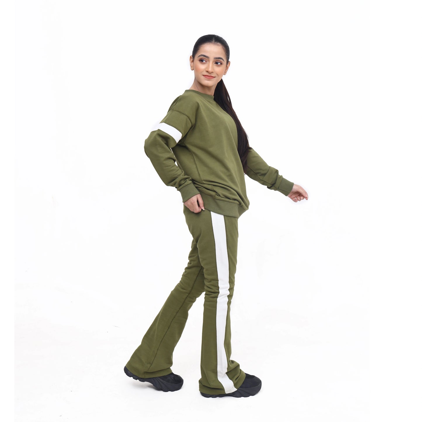 Drop Shoulder Sweatshirt and Flared Trouser Set - Olive Taupe