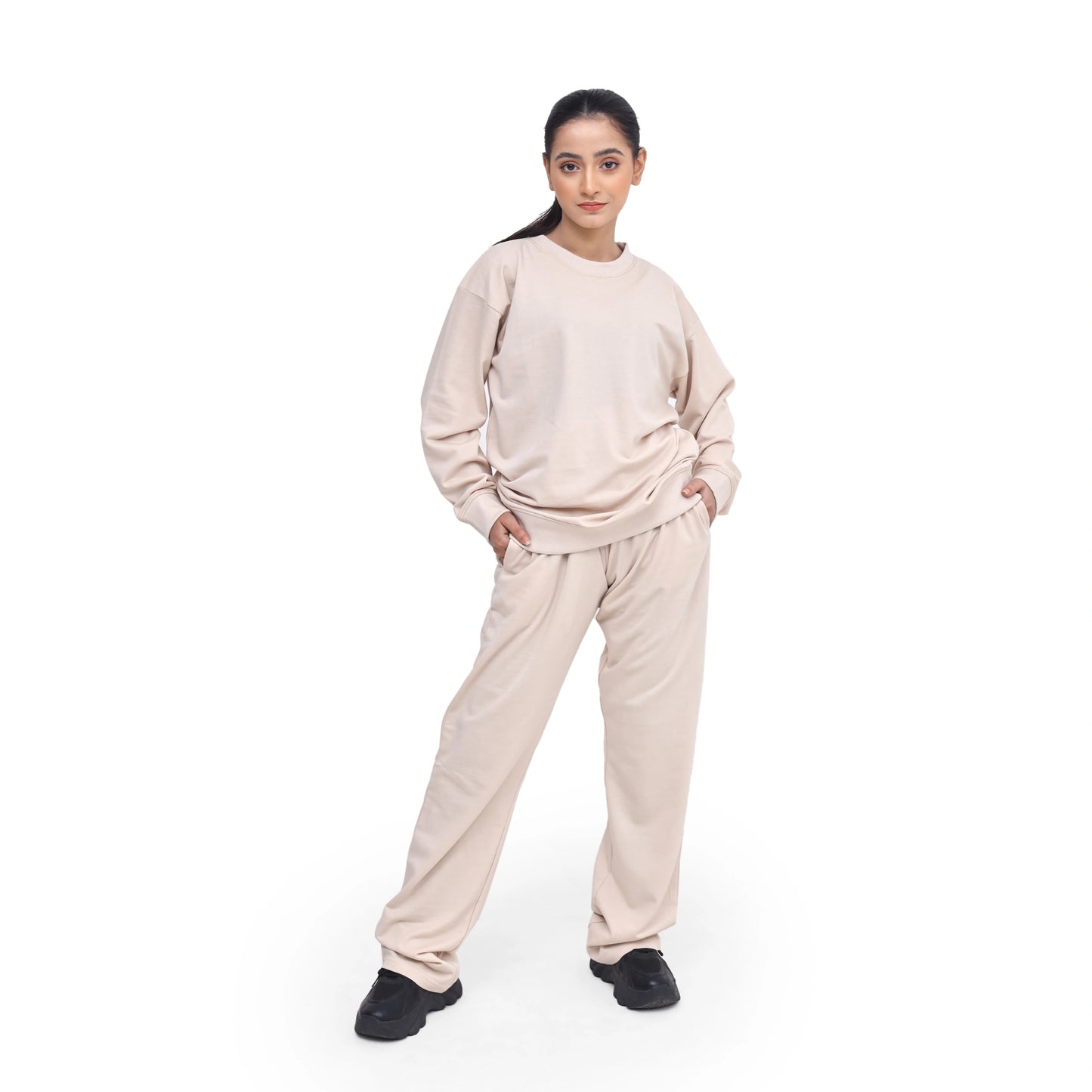 Drop Shoulder Sweatshirt and Flared Trouser Set - Soft Blush