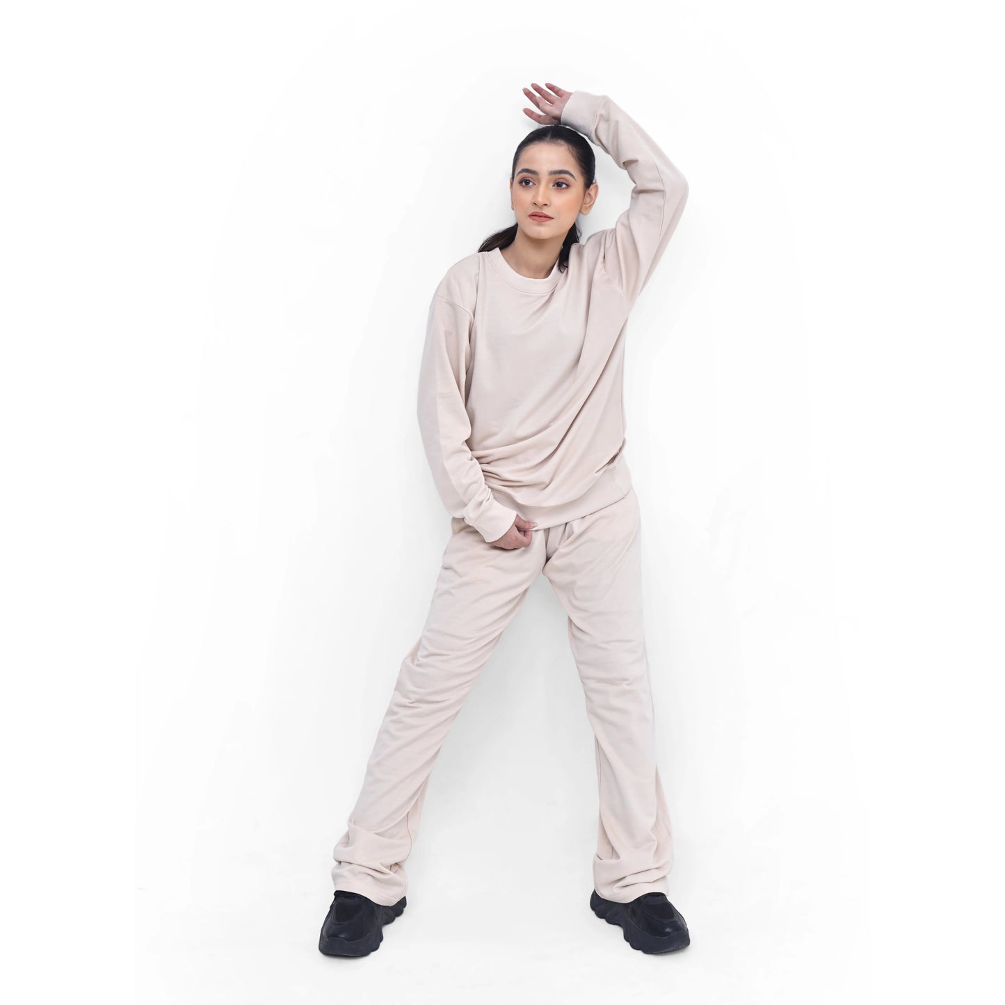Drop Shoulder Sweatshirt and Flared Trouser Set - Soft Blush