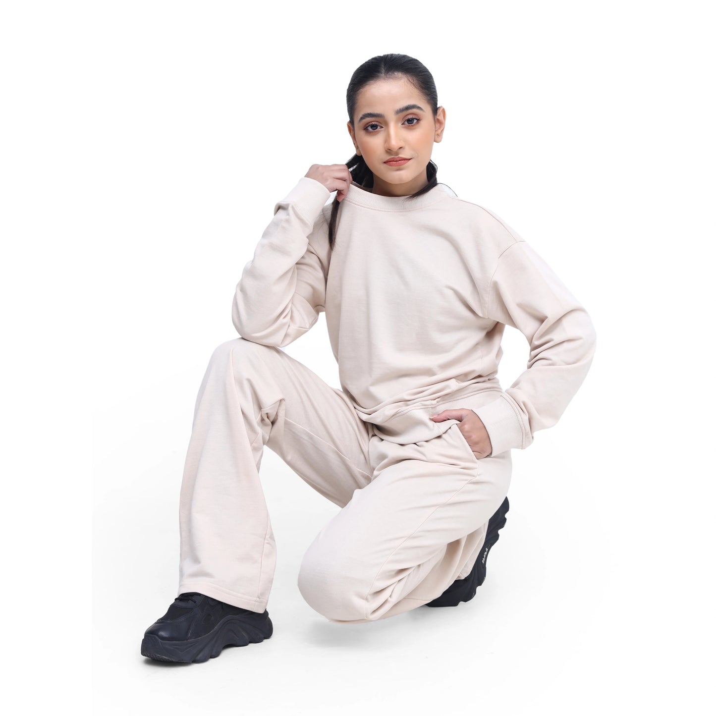 Drop Shoulder Sweatshirt and Flared Trouser Set - Soft Blush