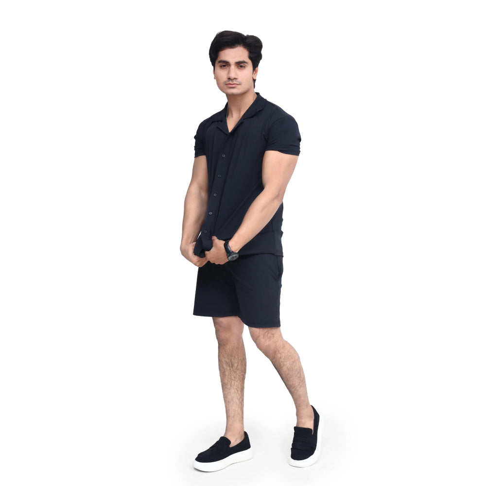 Black Short Sleeve Collar Wrap Front Shirt