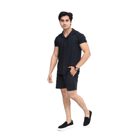 Black Short Sleeve Collar Wrap Front Shirt